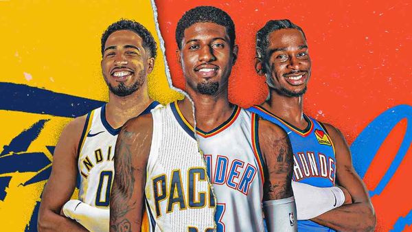 Paul George in a 76ers uniform with split images of Tyrese Haliburton and Shai Gilgeous-Alexander representing the Pacers and Thunder