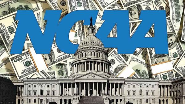 Illustration of a college athlete split between playing sports and negotiating NIL contracts, representing the SCORE Act debate in Congress