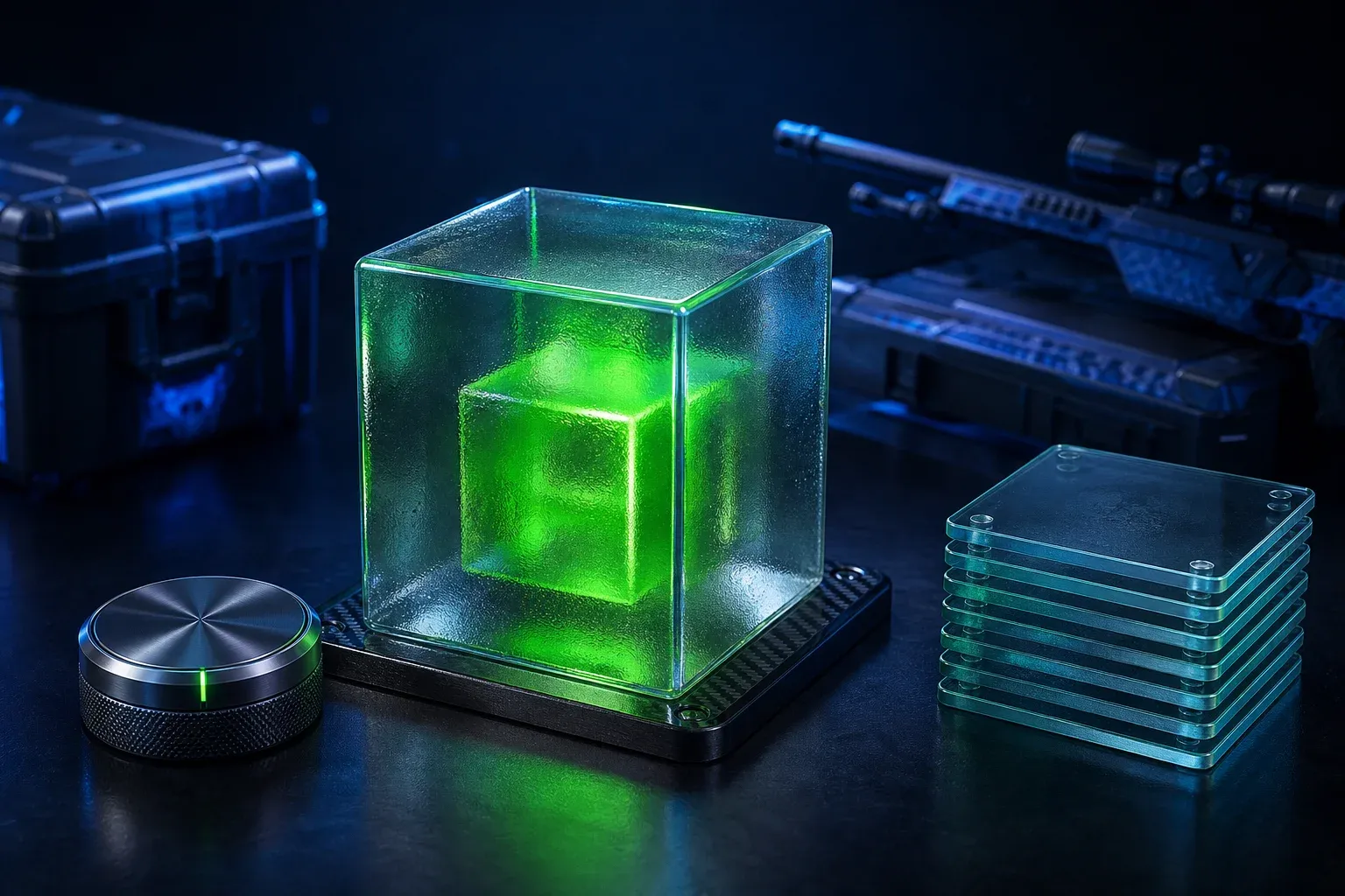 A frosted glass cube with a green glowing core sits next to a metal dial and a stack of numbered glass tiles.