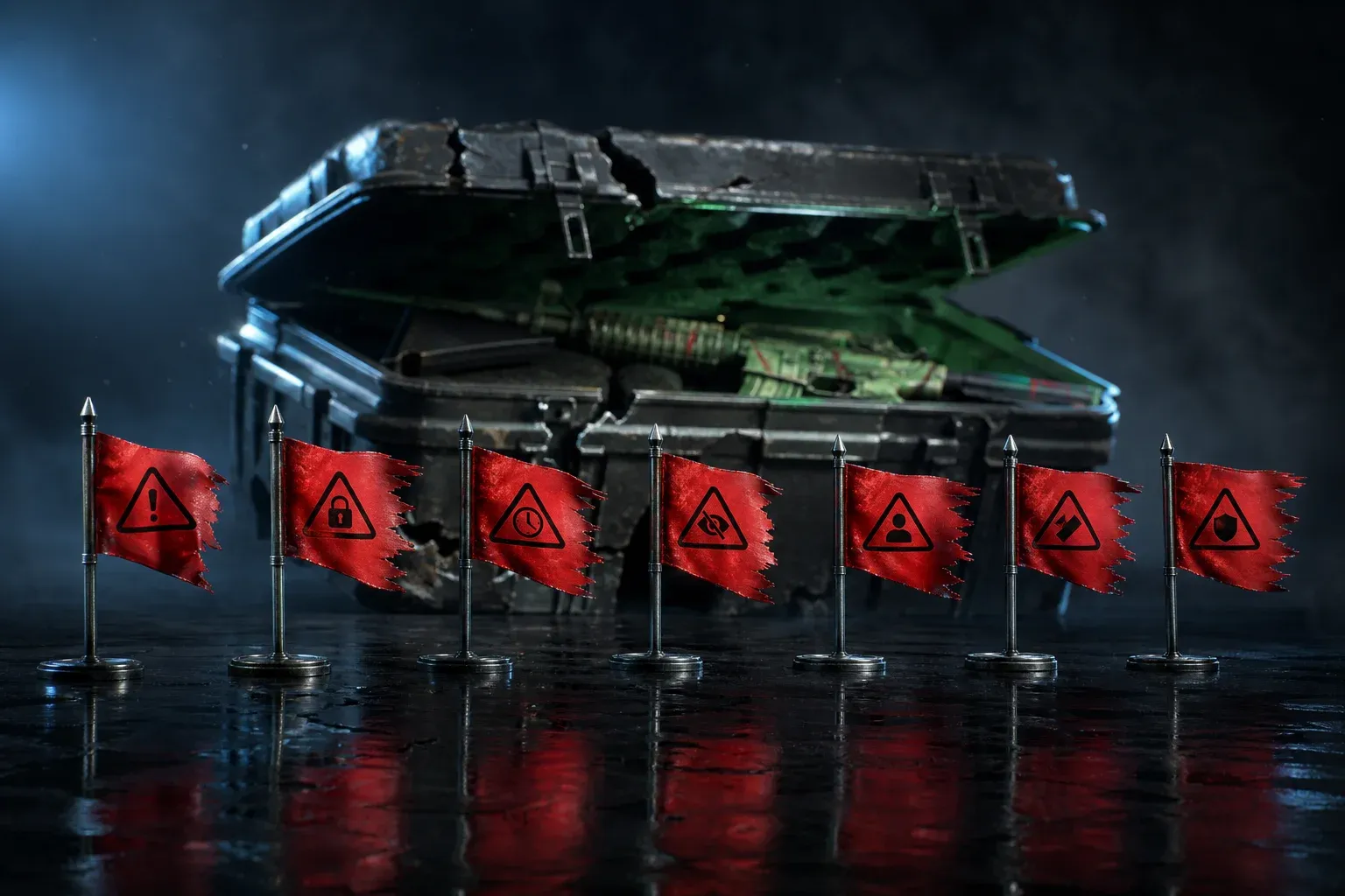 Seven red warning flags stand in a row in front of a cracked, dimly lit weapon case on a dark reflective surface.