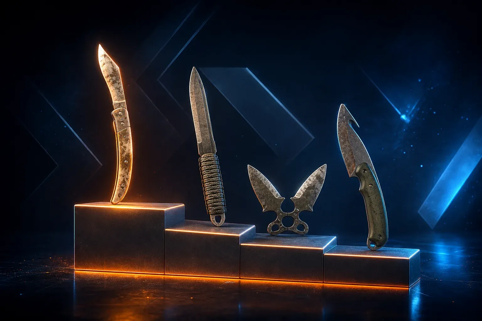 Four cheap CS2 knives arranged on a ranked podium with the Navaja Knife on the top step