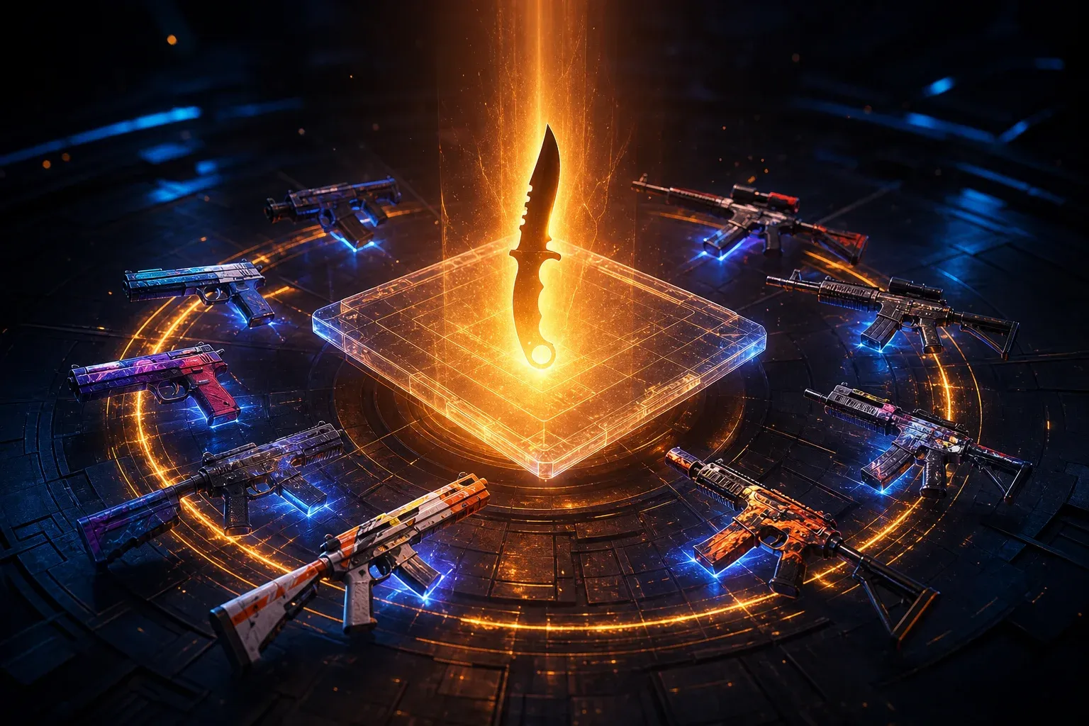 Ten CS2 weapon skins feeding into a glowing trade-up contract with a knife silhouette rising from the centre
