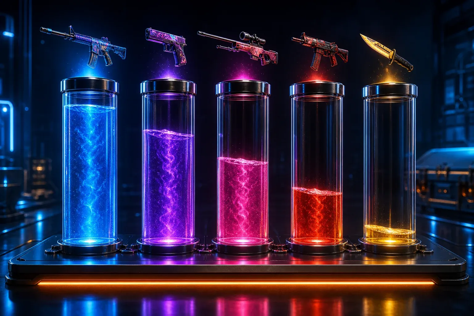 Five glass tubes filled with blue, purple, pink, red and gold liquid at falling heights, each topped by a floating skin, showing CS2 drop chances by rarity.