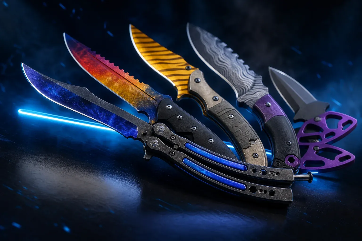 Cinco modelos de cuchillo de CS2 abiertos en abanico sobre una superficie oscura, cada uno con un acabado distinto.