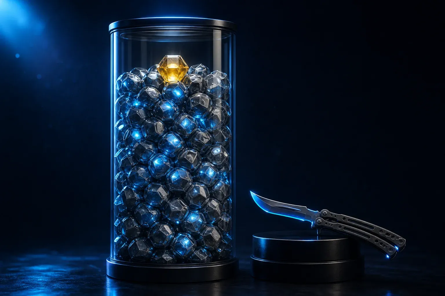 Un cilindro de cristal lleno de cápsulas grises y azules con una sola cápsula dorada brillante arriba, junto a un cuchillo mariposa.
