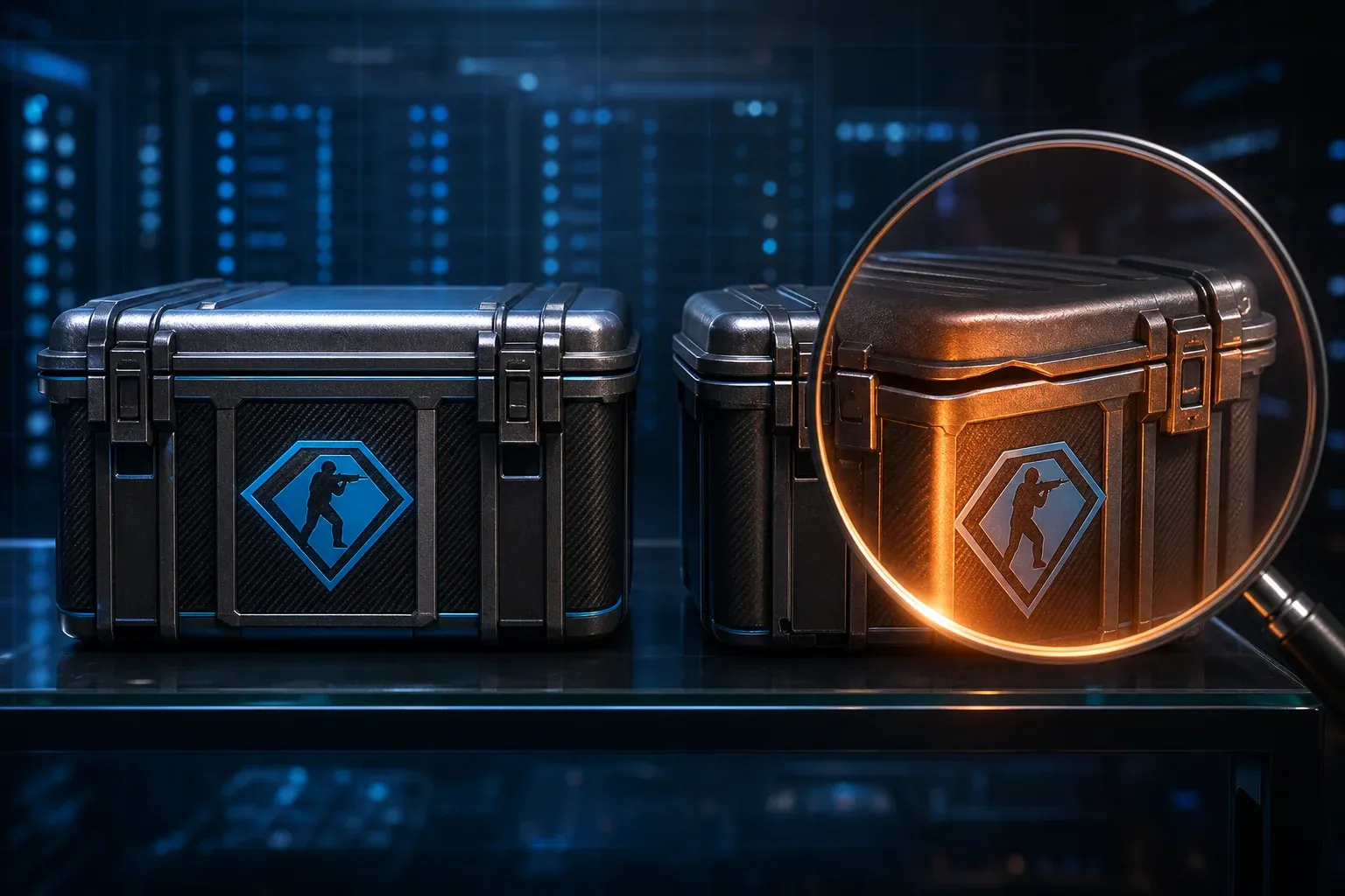 Two nearly identical weapon cases, one with a flawed hinge, seen through a magnifying glass.
