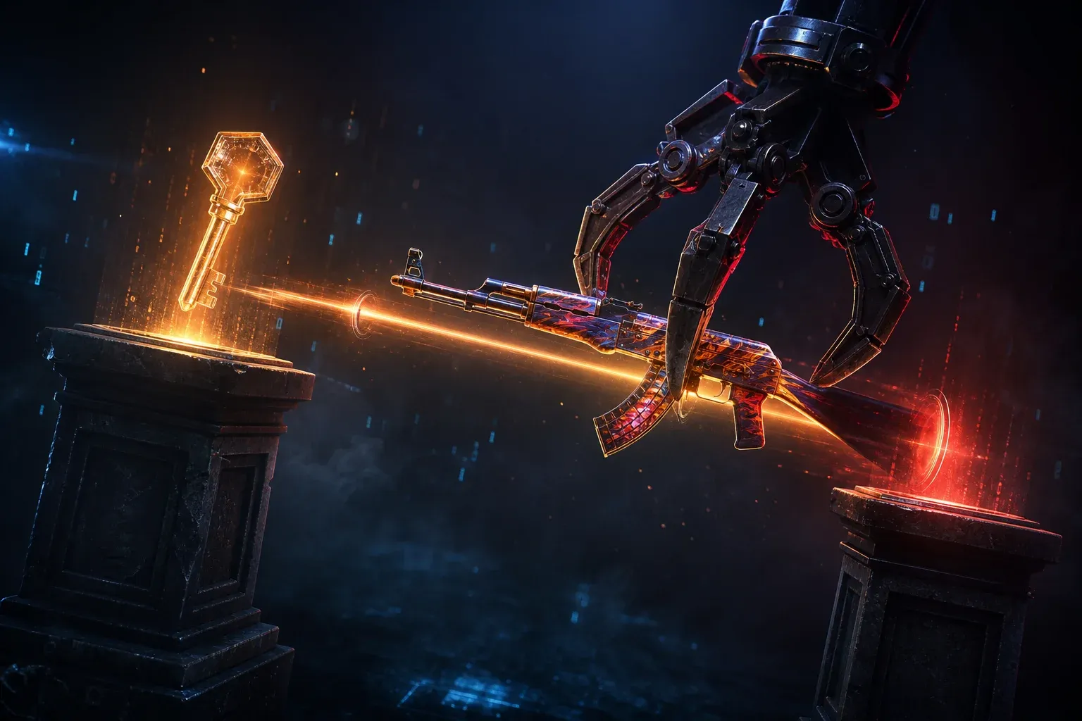 A dark mechanical claw snatching a rifle skin from a glowing trade beam, with a glass key floating above.