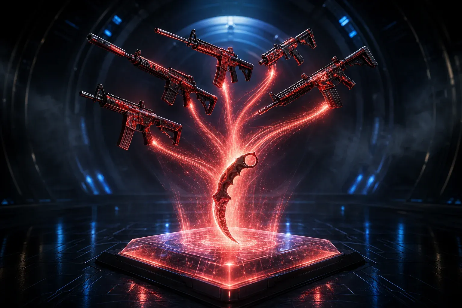 Five red Covert rifle skins above a glowing slab, sending light into a single Karambit knife rising from the center.