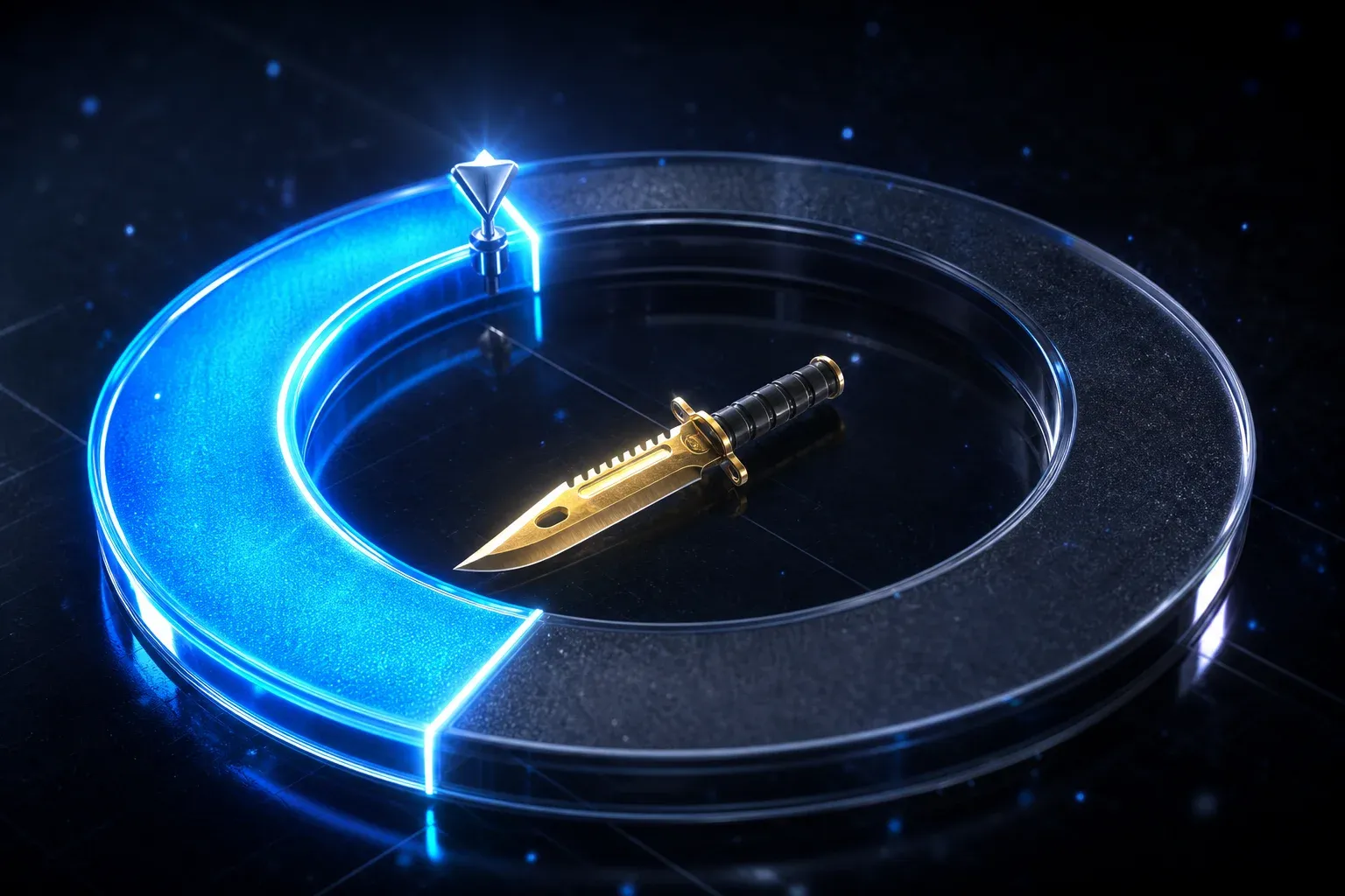 A glass roll ring with a glowing arc covering about thirty percent, a marker near its edge and a bayonet knife floating at the center.