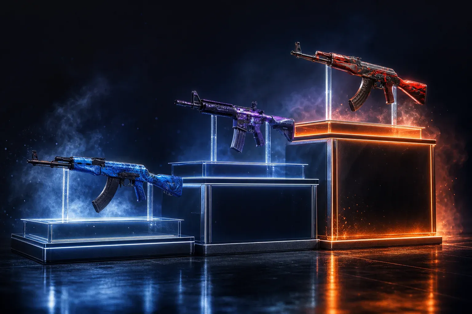 Trois socles en verre de hauteur croissante présentant un fusil bleu, un violet et un rouge, symbolisant les niveaux de joueurs.