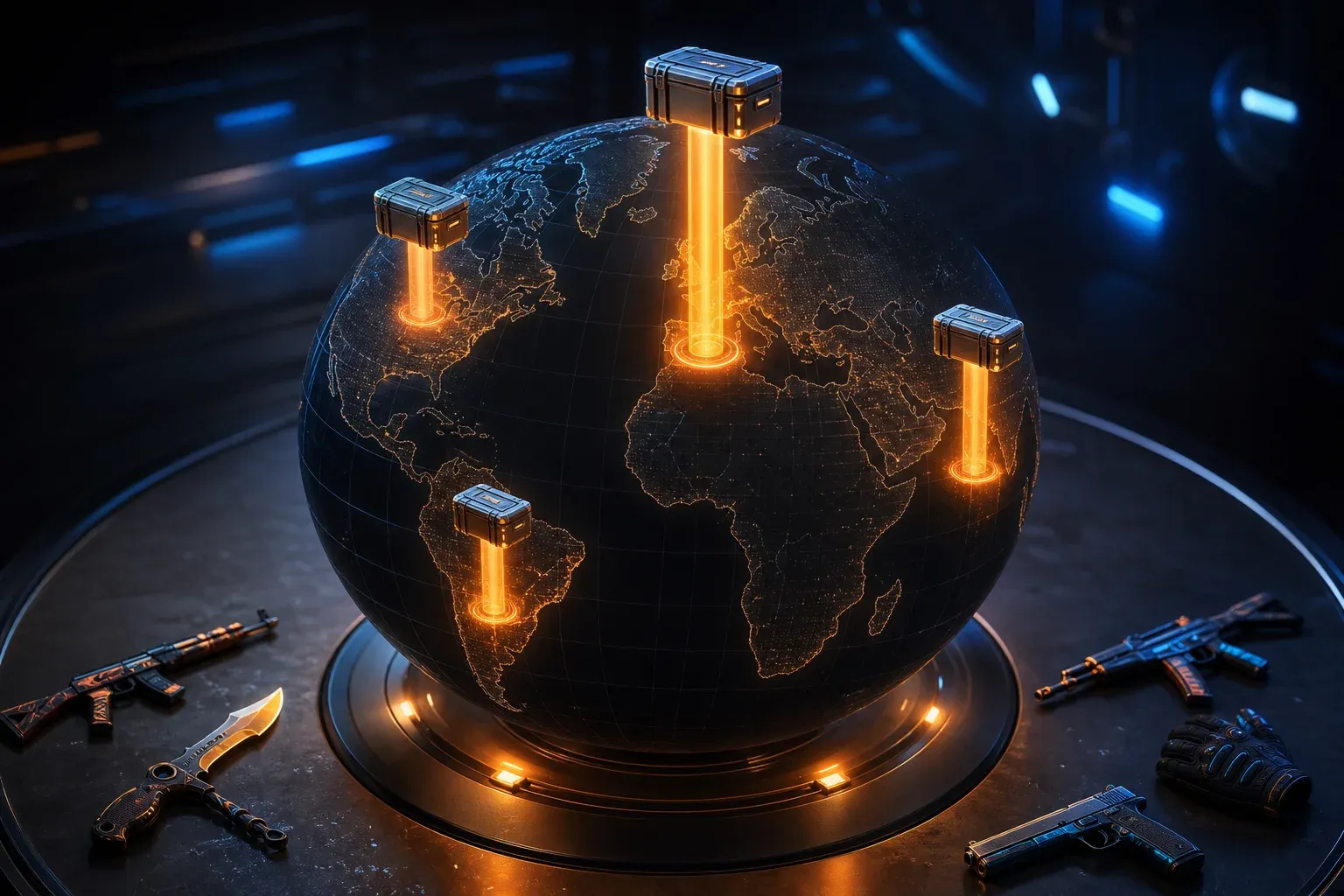 Un globe holographique avec des colonnes orange de hauteurs différentes surmontées de caisses CS2, illustrant les écarts régionaux.