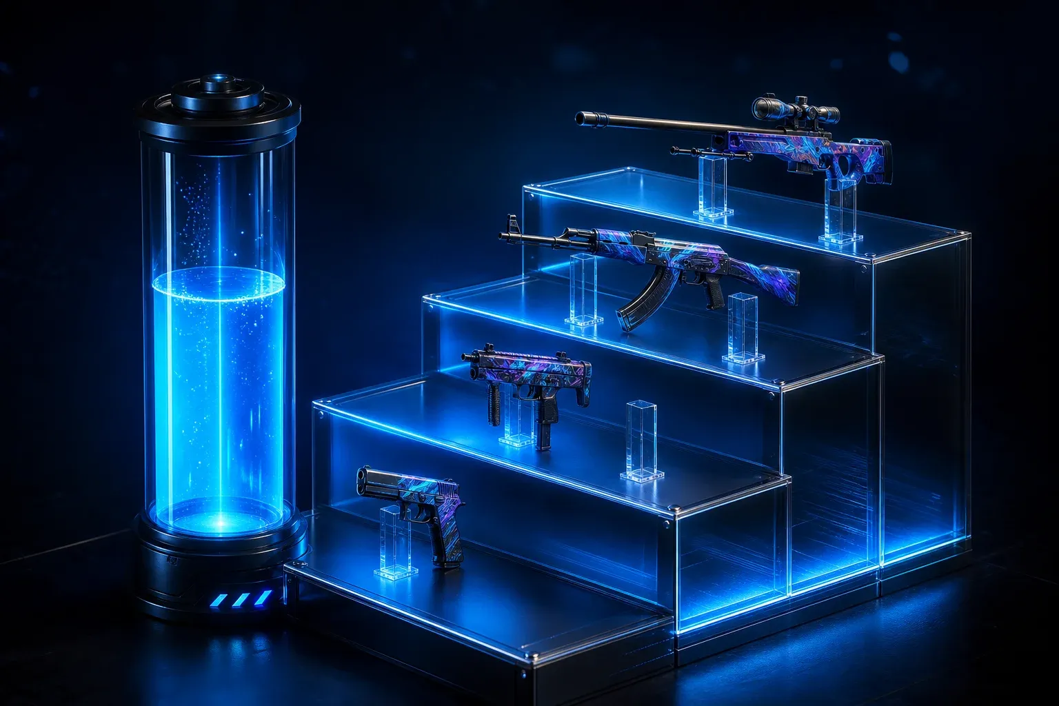 Armas em pedestais de vidro escalonados, de pistola a sniper, ao lado de um medidor de vidro luminoso que representa o orçamento.