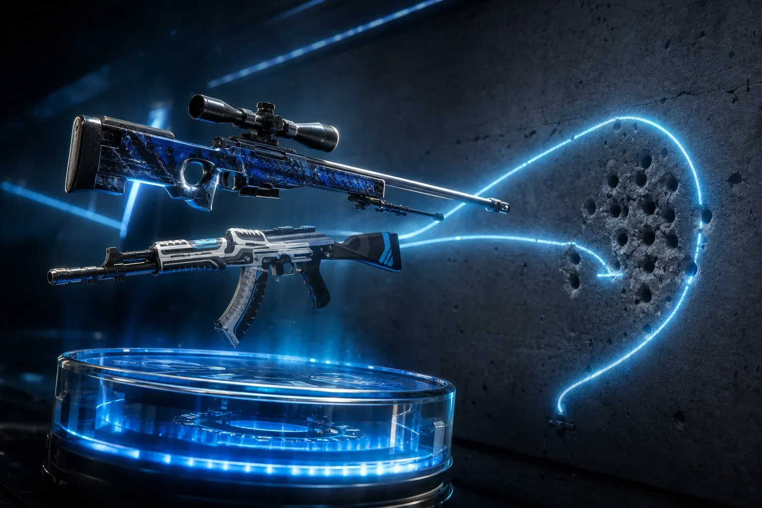 Um sniper e um AK-47 flutuando sobre um medidor de vidro luminoso, com um padrão de spray traçado em uma parede escura.