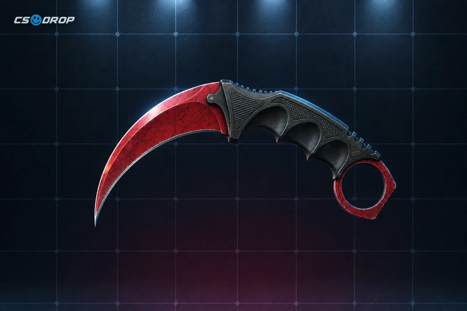 Doppler Sapphire: curved karambit, blade in swirling deep-blue and violet, brown textured wrap grip, finger ring | Karambit | Doppler Sapphire, a rare special item from the 0.26% knife and gloves slot in CS2 cases