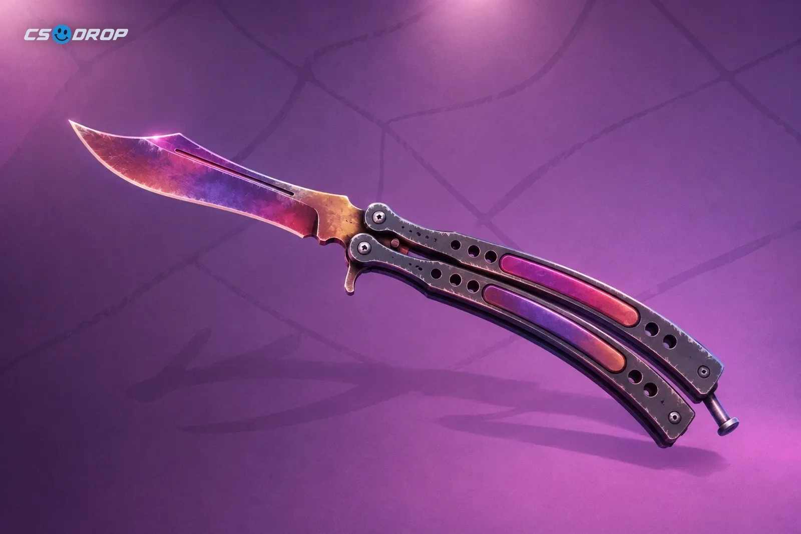 Gamma Doppler Emerald: butterfly knife with blade in swirling green-teal emerald marbling, black handle with pivoting latch; beside Sport Gloves | Vice in bright magenta-pink and cyan-blue panels, and an orange Kilowatt Case | Three chase items: a Gamma Doppler butterfly knife, Vice sport gloves and a Kilowatt Case