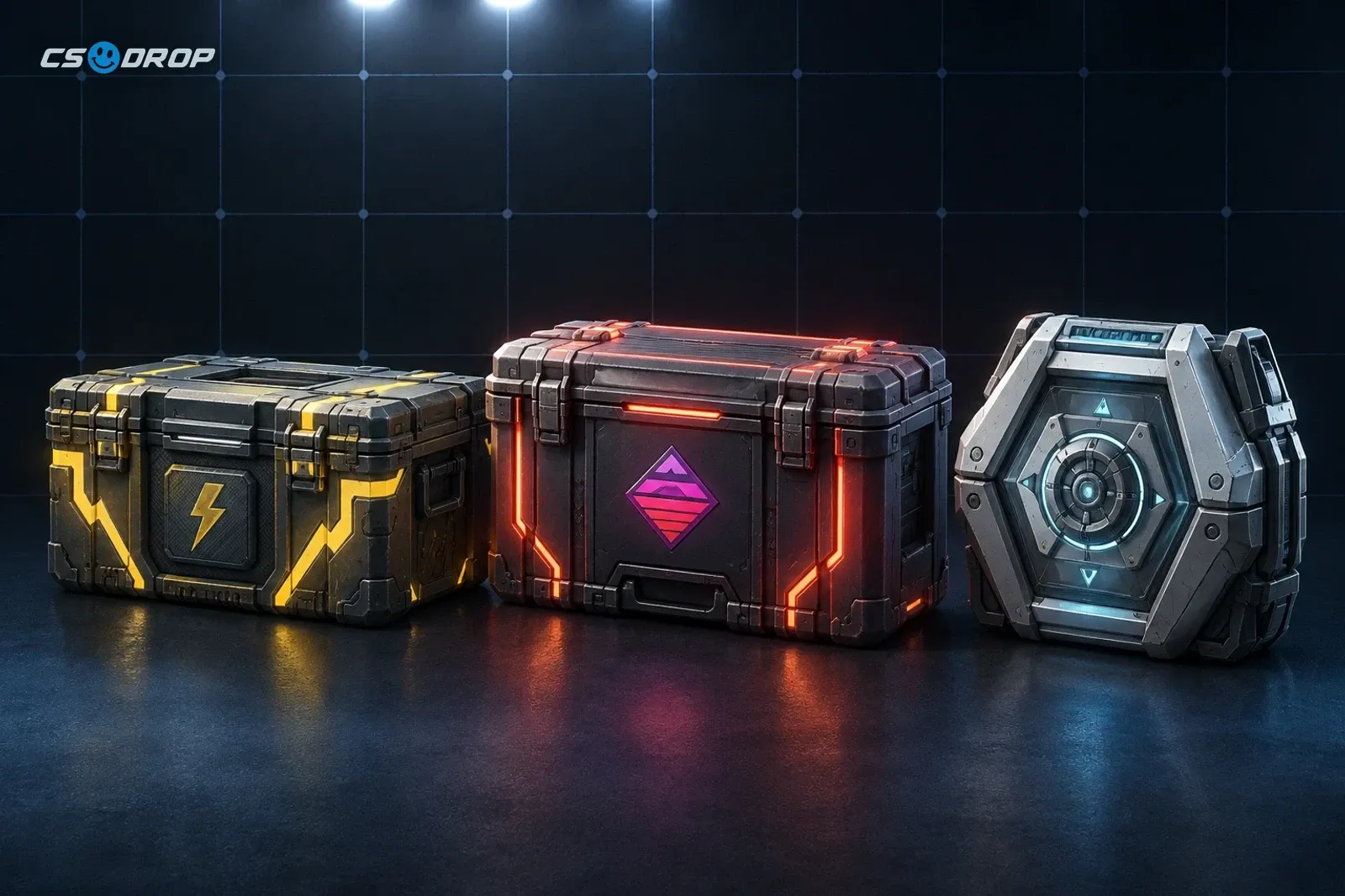 Três contêineres do CS2 lado a lado: Kilowatt Case, Fever Case e Sealed Genesis Terminal, representando caixa clássica, caixa do Armory e terminal.