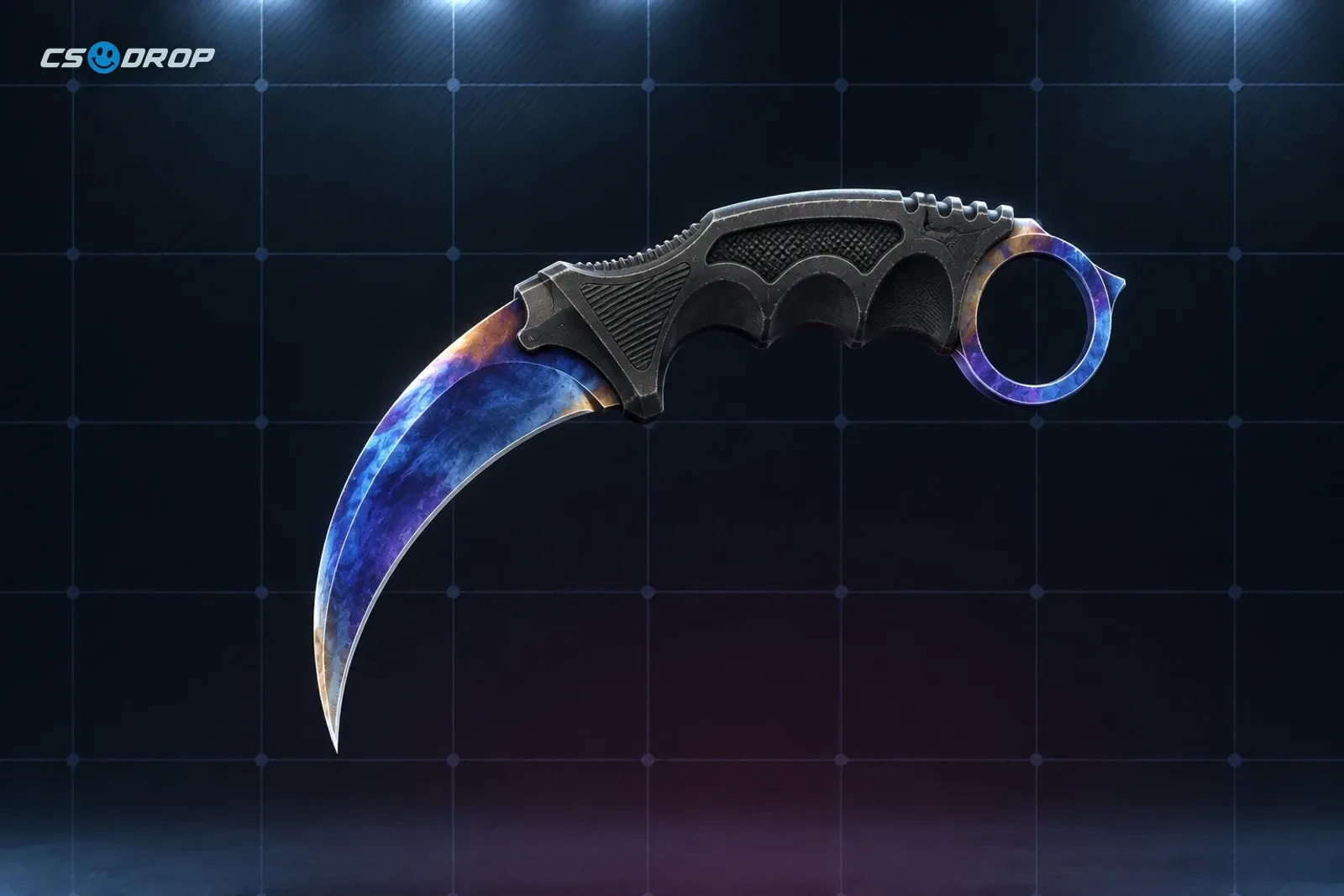 Doppler Sapphire: curved karambit, blade in swirling deep-blue and violet, brown textured wrap grip, finger ring | Karambit | Doppler Sapphire, el tipo de objeto dorado que sale con un 0.26% por apertura