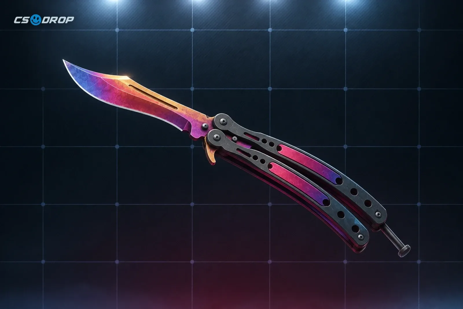 Fade: butterfly knife with split handle halves, blade in a gradient from magenta through orange to yellow, steel pivot pins | Butterfly Knife | Fade, el tipo de cuchillo que se puede obtener con un trade-up de cinco Covert