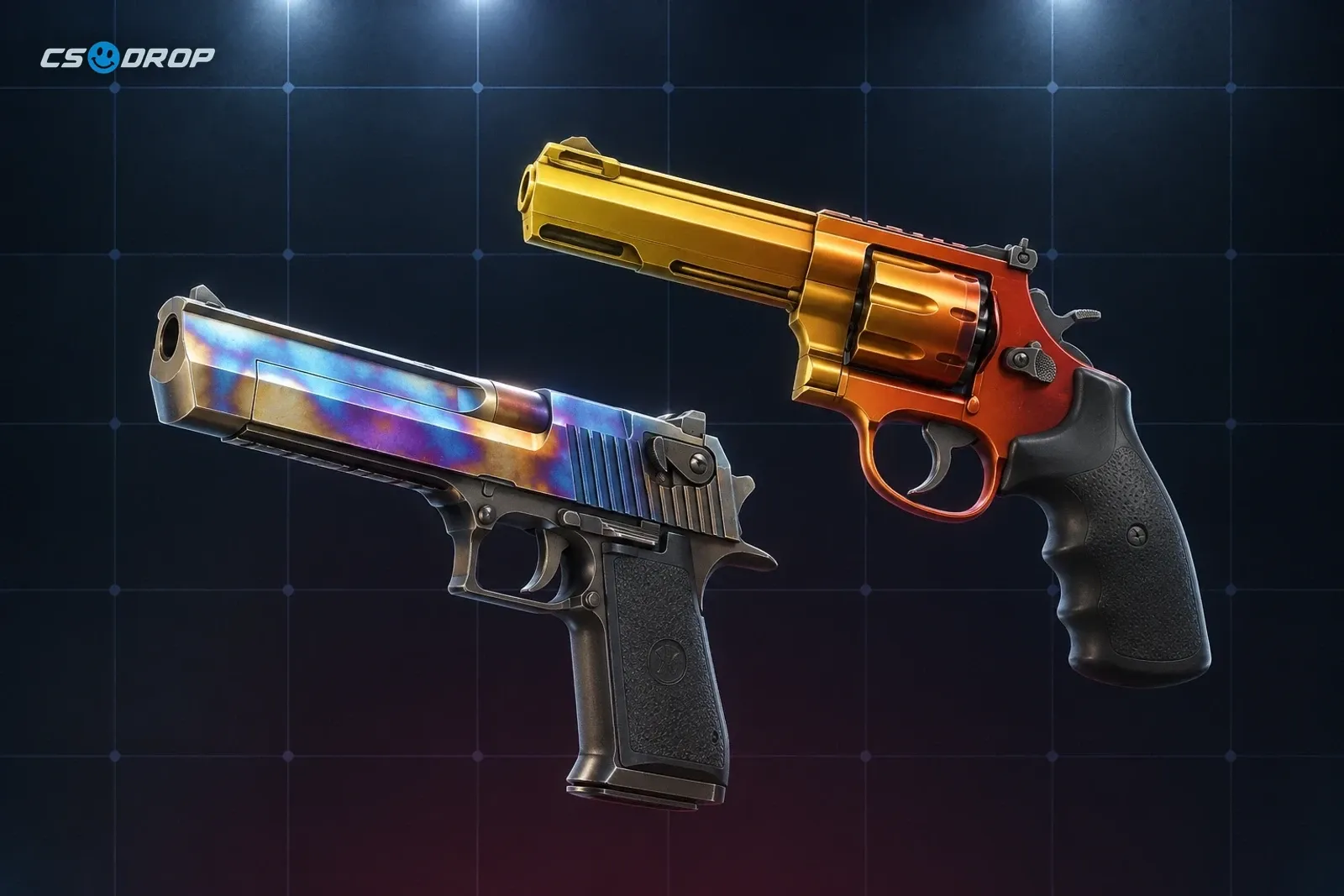 Desert Eagle Heat Treated and R8 Revolver Amber Fade, two of the cheapest pink Classified skins in CS2