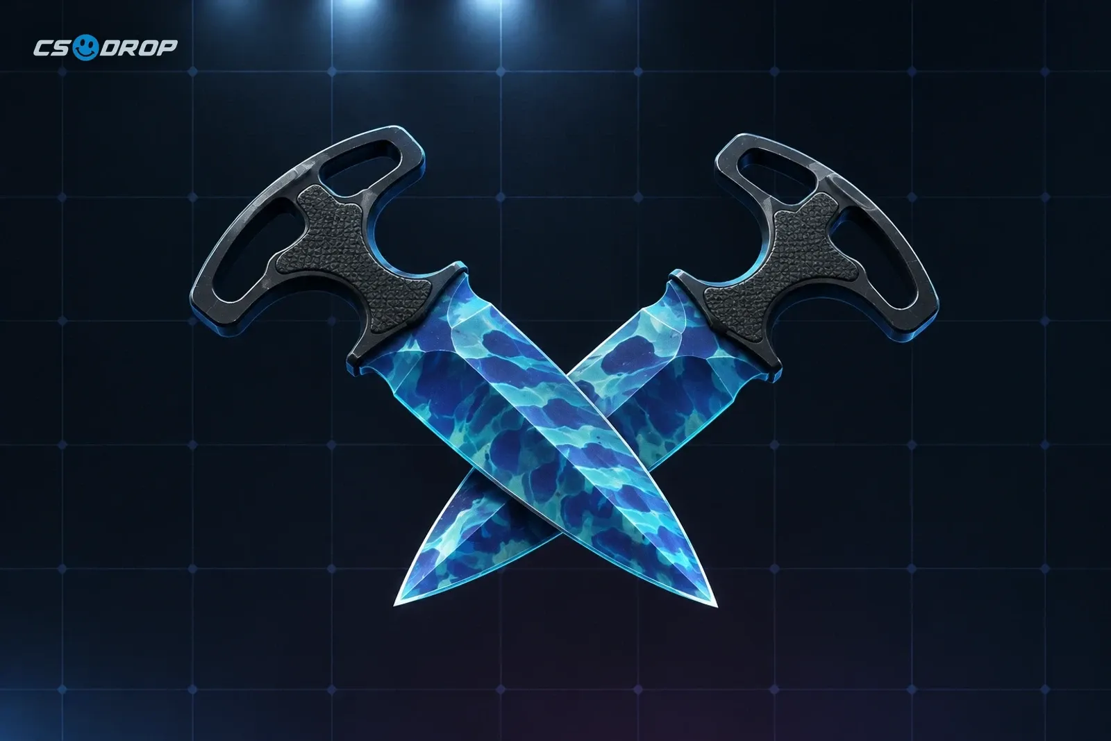 A pair of Shadow Daggers | Bright Water, the cheapest knife in CS2.