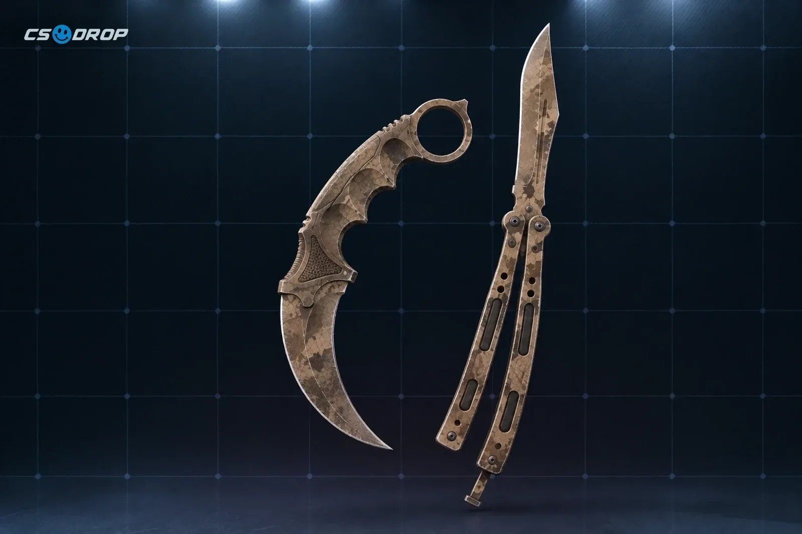 A Karambit and a Butterfly Knife in the budget Safari Mesh finish.