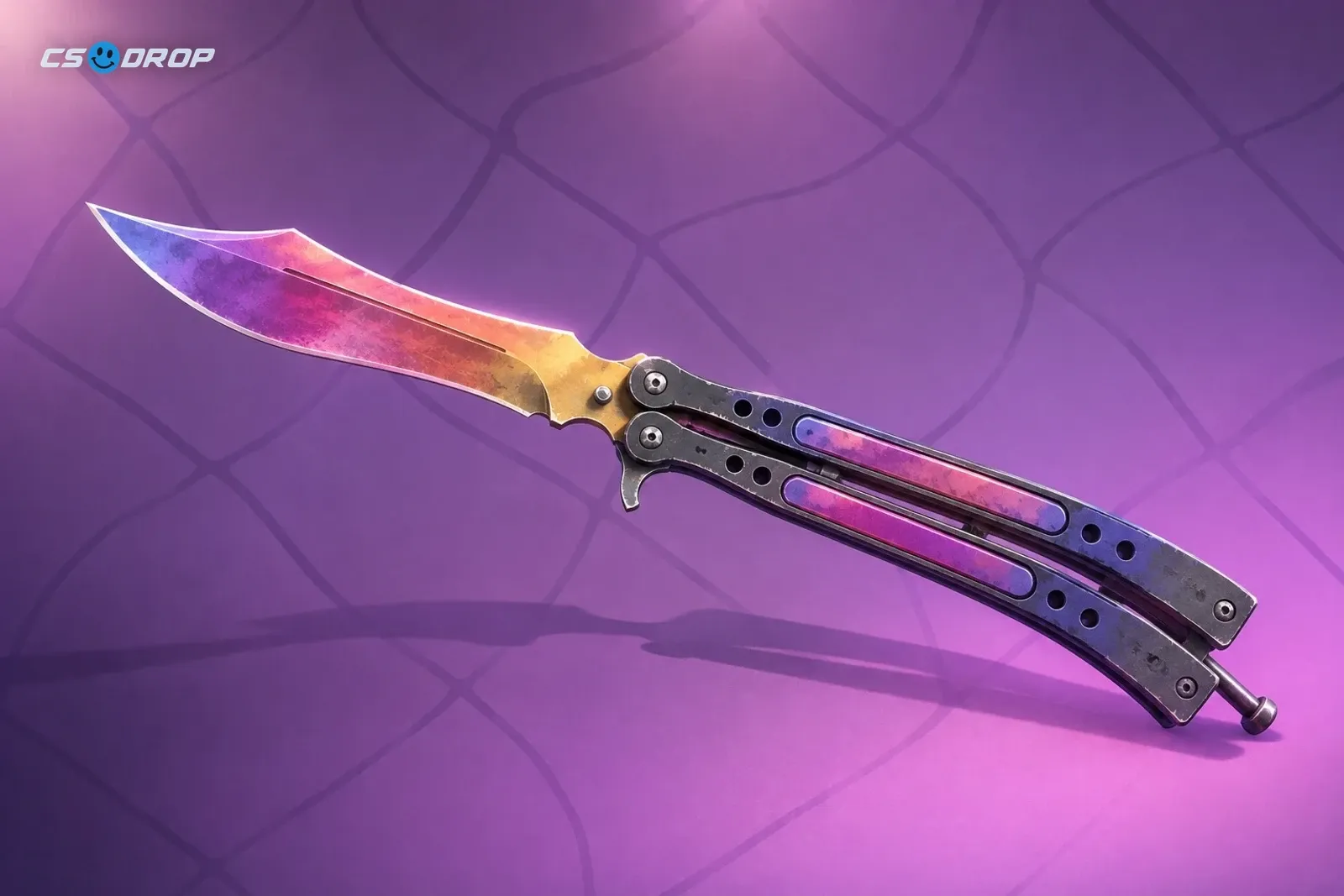Fade: butterfly knife with a wide blade in a gradient from orange-gold to pink and violet, metal handle with a latch | Butterfly Knife | Fade, faca com lâmina em degradê de laranja, rosa e violeta