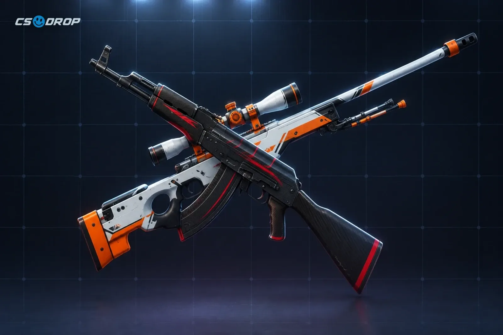 An AK-47 | Redline crossed with an AWP | Asiimov, two popular CS2 skins that are easy to price-check and buy directly.