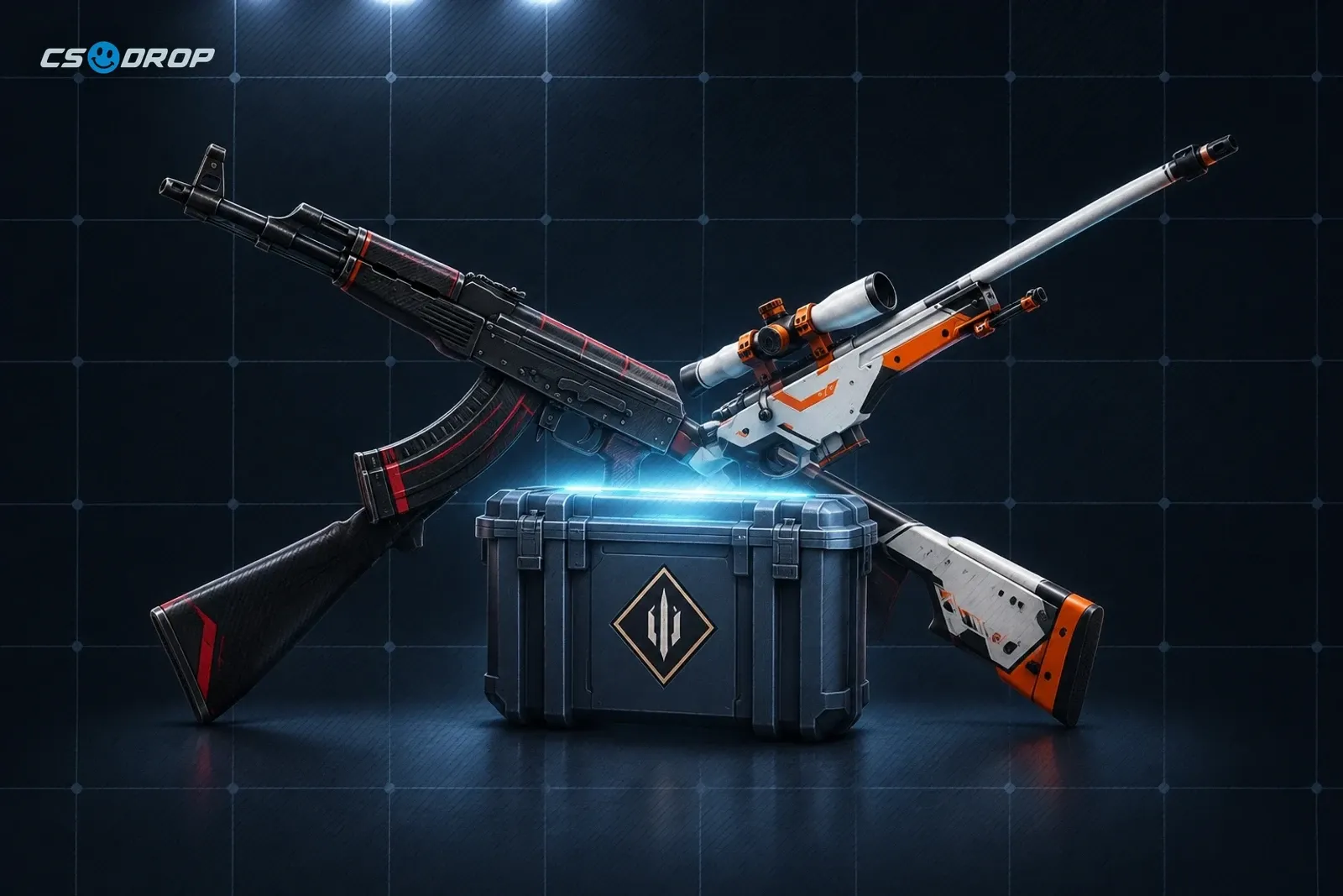 An AK-47 | Redline and an AWP | Asiimov crossed over a CS2 weapon case, showing the rifles used in battle modes.