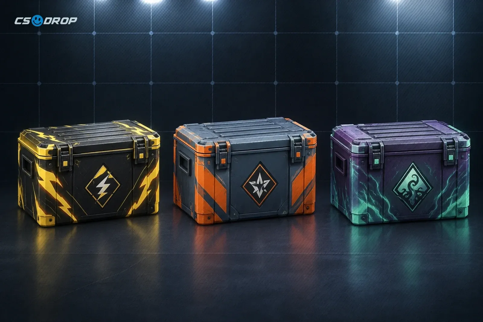 Three CS2 weapon cases side by side: Kilowatt, Revolution and Dreams & Nightmares, each with its own colour trim.
