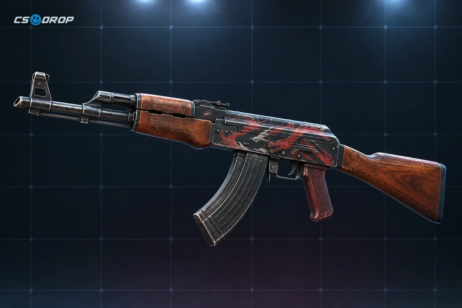 Redline beside an AWP | Asiimov, crossed: the AK-47 in black with red diagonal stripes across the receiver and magazine, the AWP in white with orange and black panels and a black scope | AK-47 | Redline crossed with an AWP | Asiimov, two classic CS2 skins that stand for a case battle
