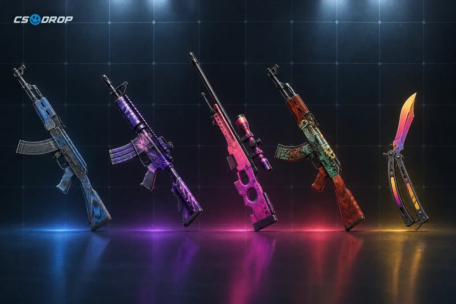 Five CS2 skins ordered from blue to purple, pink, red and gold, ending with a Butterfly Knife | Fade.