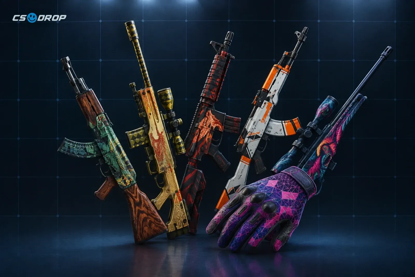 Five red Covert CS2 weapon skins beside a pair of Sport Gloves | Pandora's Box, illustrating the trade-up.