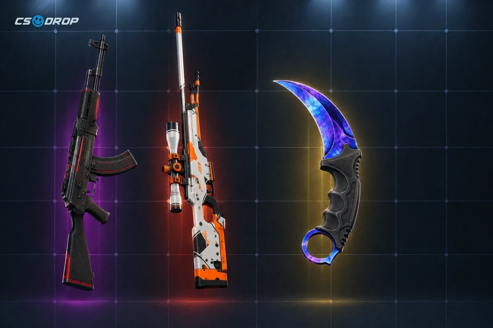A Karambit | Doppler, an AWP | Asiimov and an AK-47 | Redline, standing for the rarity tiers of a CS2 case.