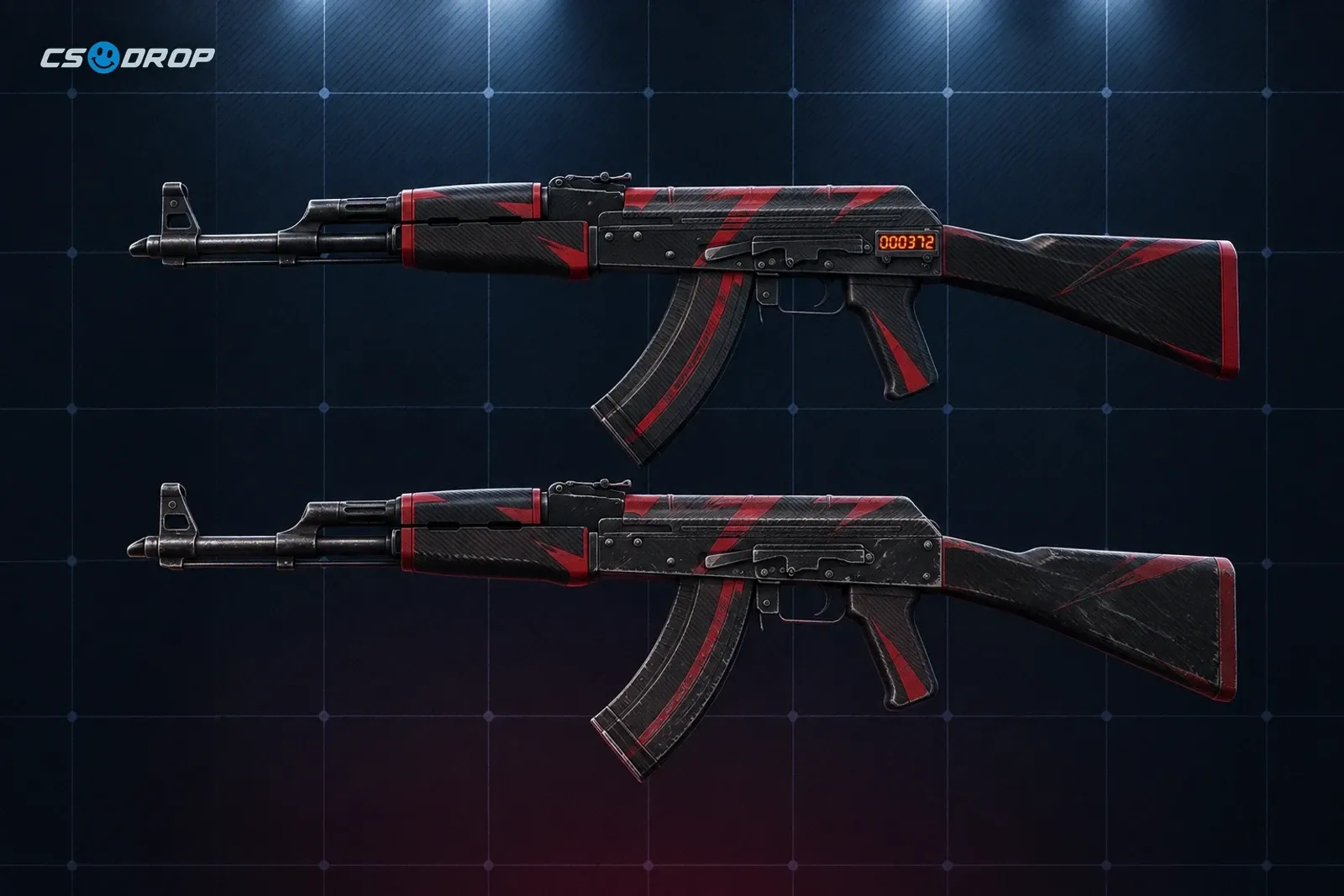 A StatTrak AK-47 | Redline with its orange kill counter beside a heavily worn AK-47 | Redline, showing the effect of StatTrak and wear.