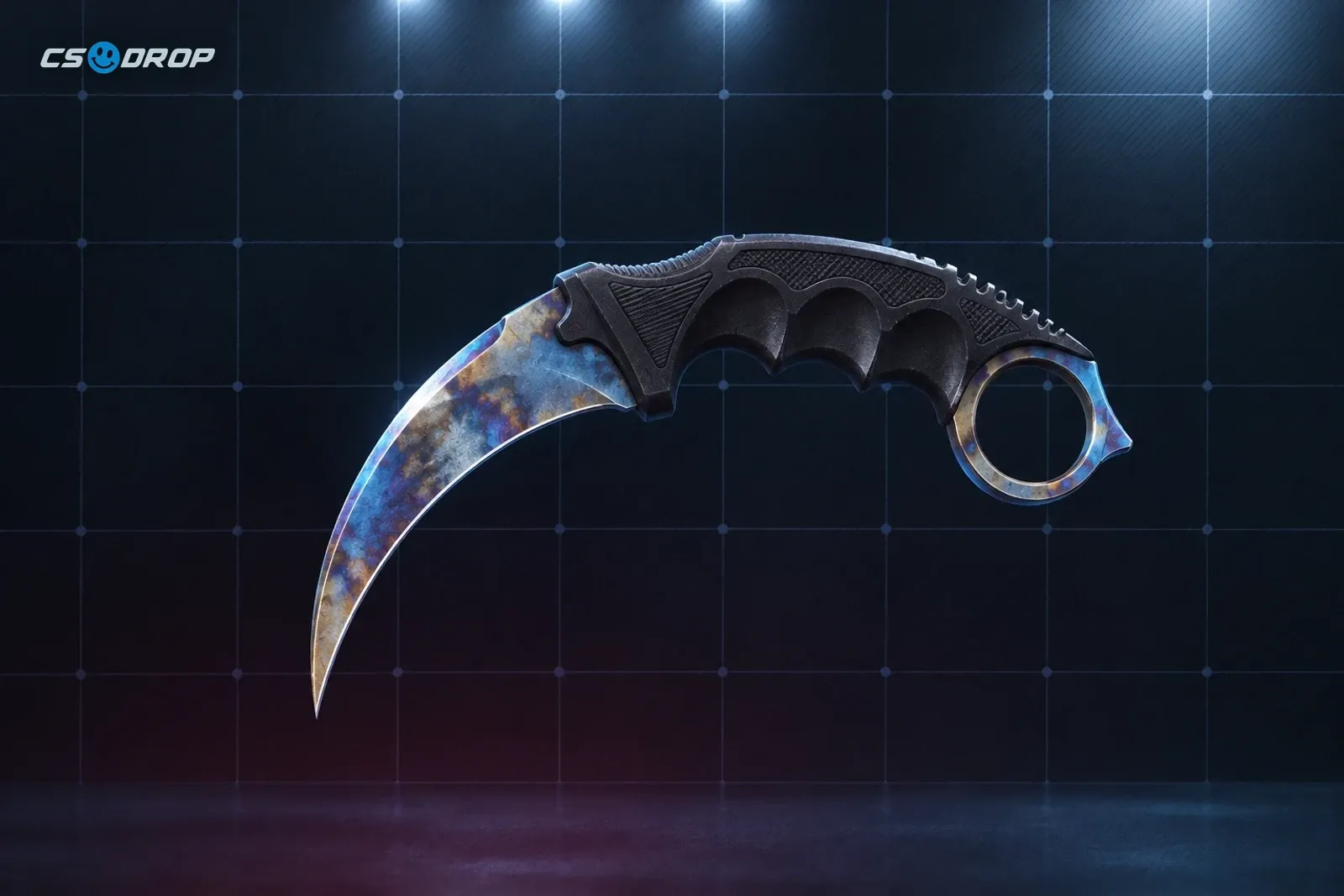 Doppler Sapphire: curved karambit, blade in swirling deep-blue and violet, brown textured wrap grip, finger ring | Karambit Doppler Sapphire knife representing the gold-tier chase in CS2 cases