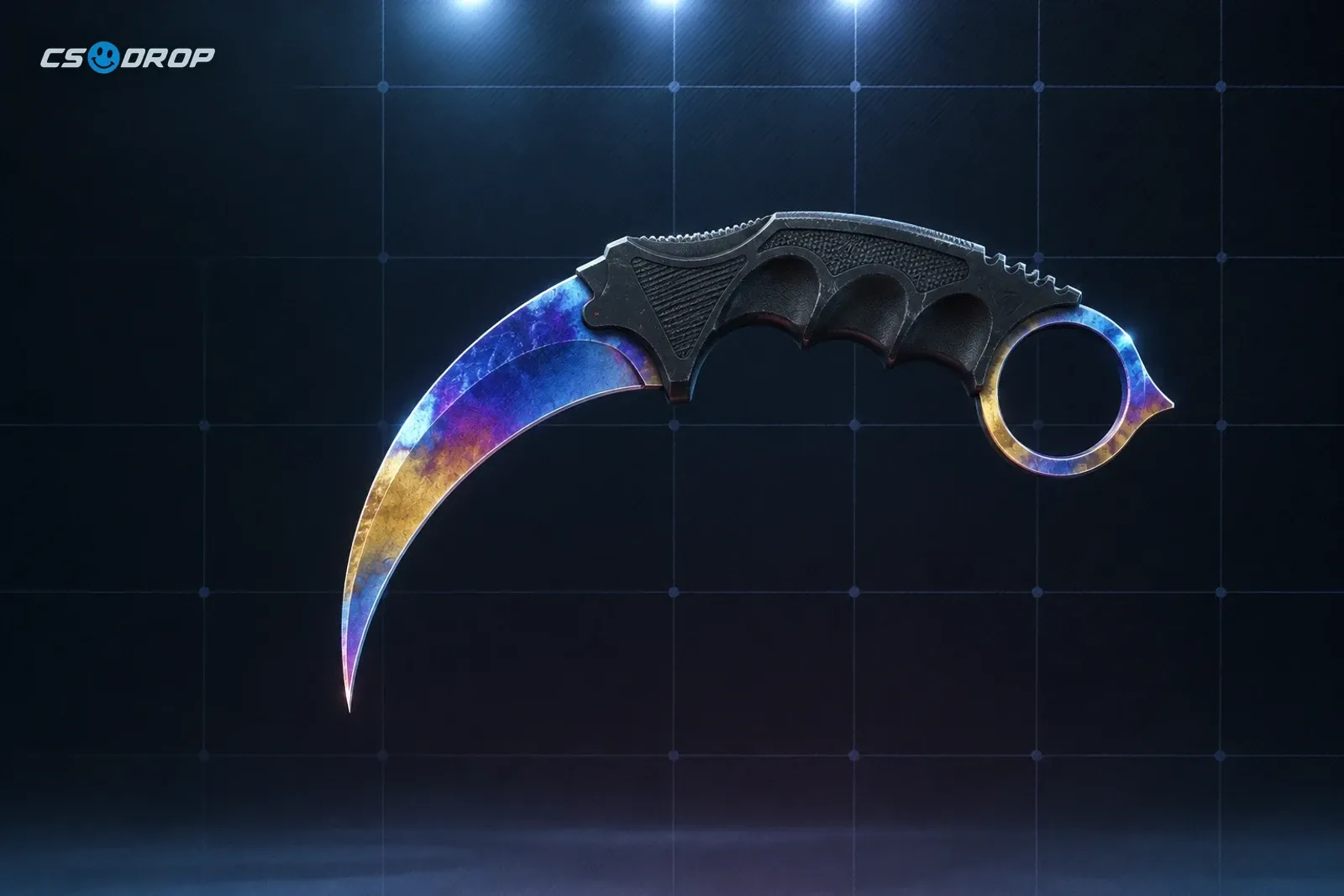 Doppler Sapphire: curved karambit, blade in swirling deep-blue and violet, brown textured wrap grip, finger ring | Karambit | Doppler Sapphire, one specific knife out of a case's gold pool