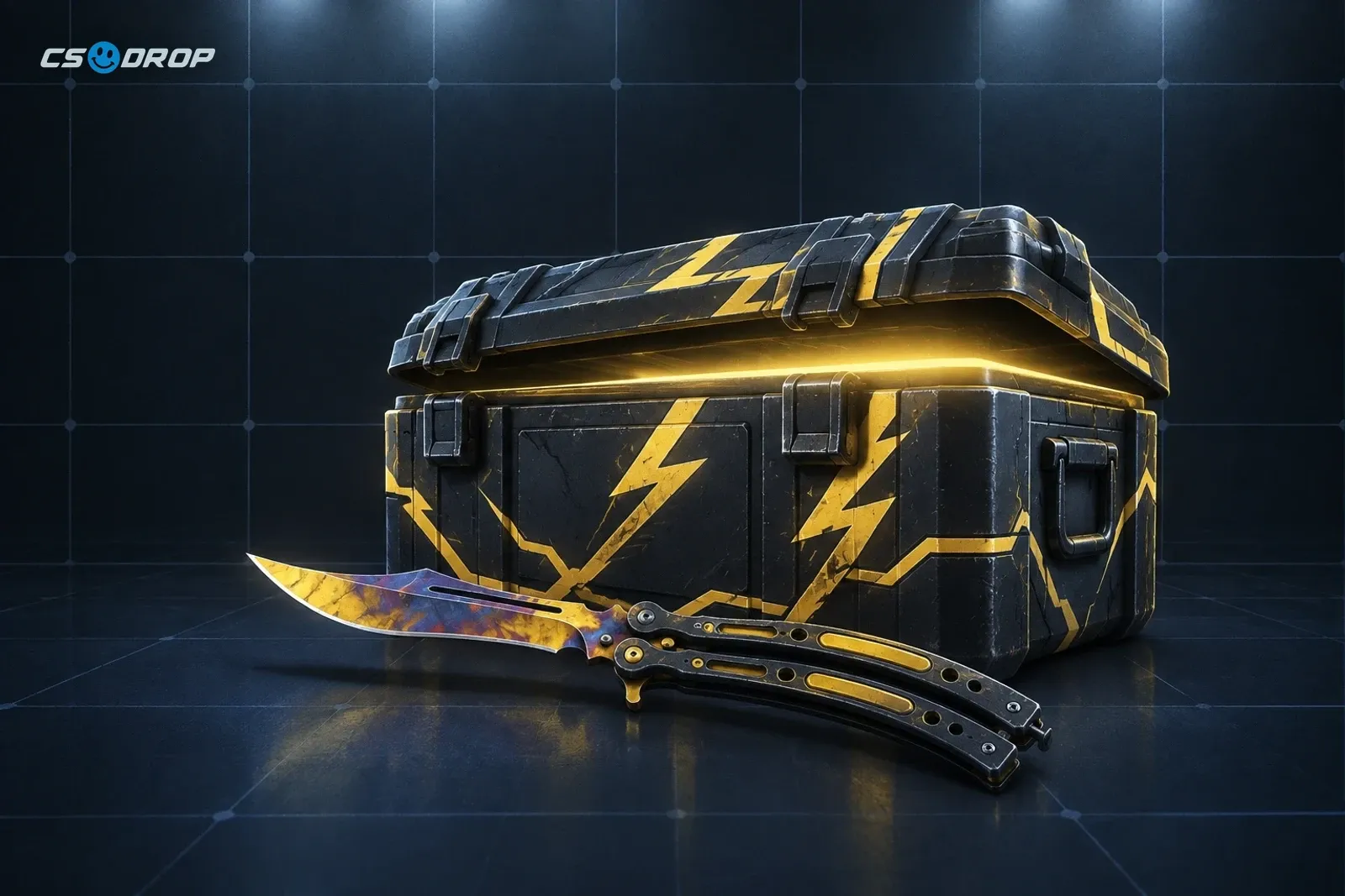 Fade: butterfly knife with split handle halves, blade in a smooth gradient of gold, orange and magenta-pink | A Kilowatt Case next to a Butterfly Knife | Fade, the kind of gold-tier item a simulator rolls at 0.26%
