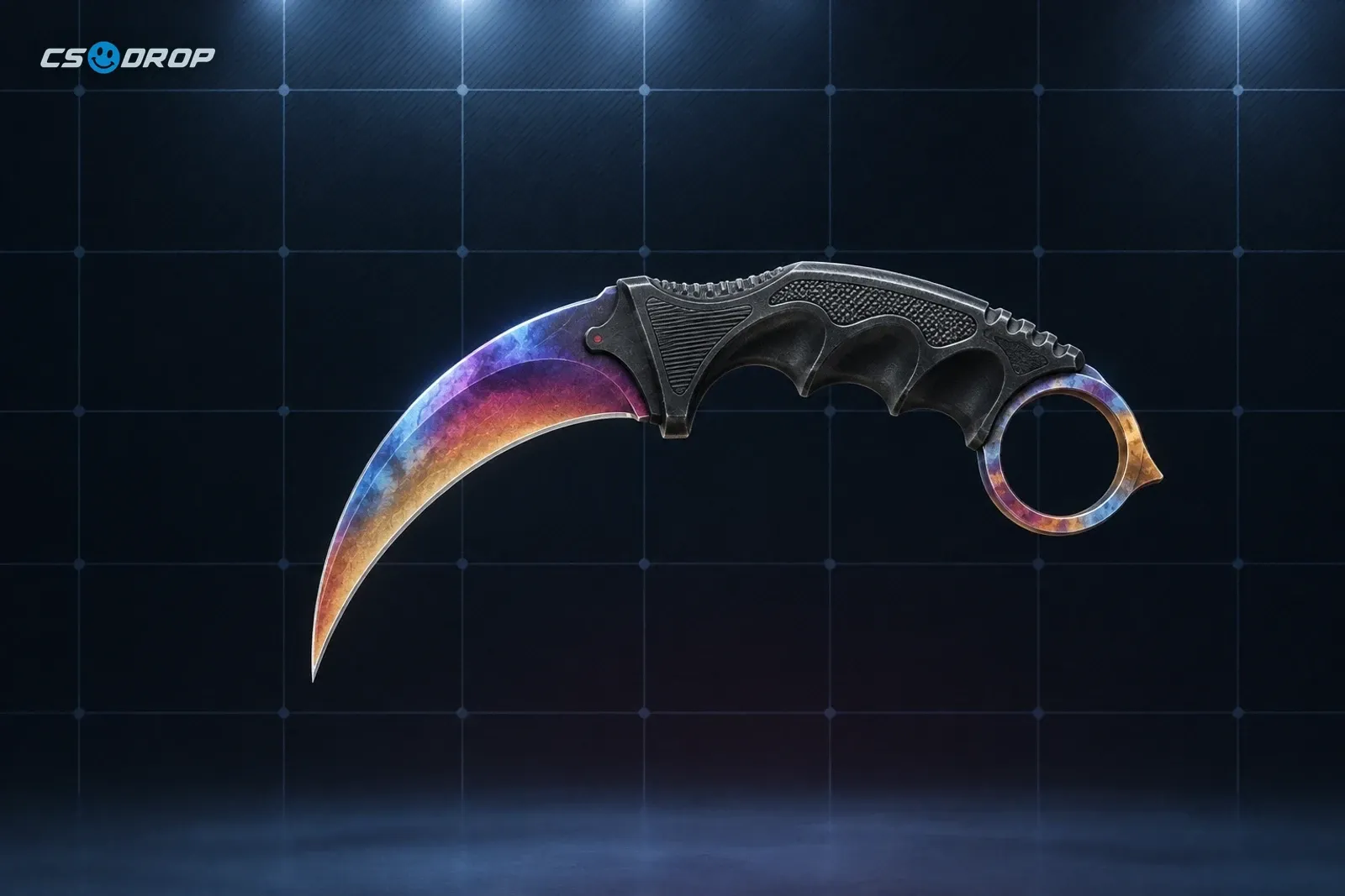 Doppler Sapphire: curved karambit, blade in swirling deep-blue and violet, brown textured wrap grip, finger ring | A Karambit | Doppler Sapphire, an example of a gold-tier rare special item