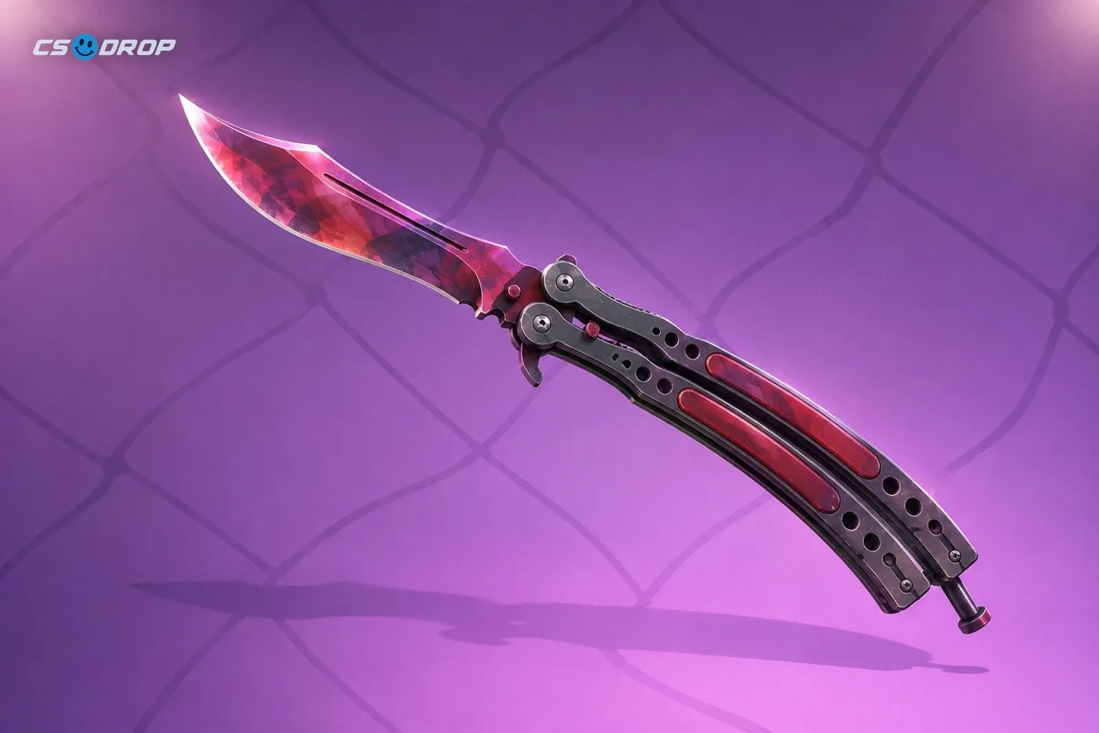 Crimson Web beside Butterfly Knife | Safari Mesh: two balisongs, one with a dark blade covered in a red spider-web crackle pattern, one with a tan, olive and sand spray-painted mesh camo blade, steel handles | Two Butterfly Knife finishes from Operation Breakout Weapon Case, Crimson Web and Safari Mesh