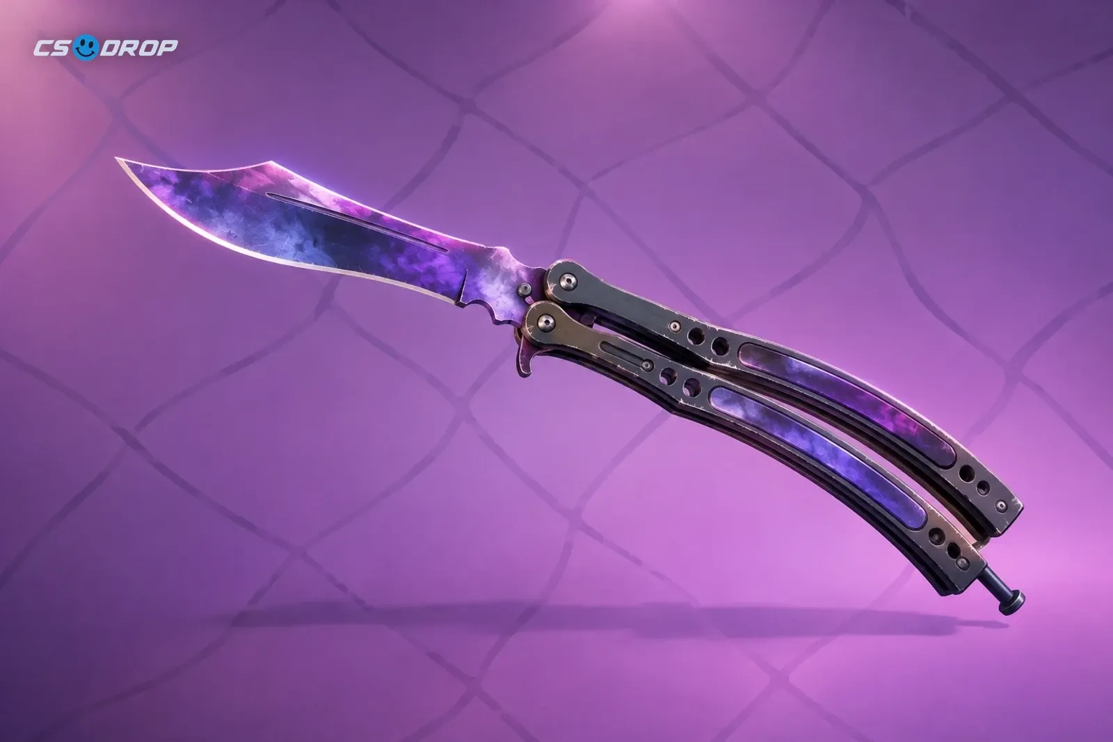 Gamma Doppler Emerald beside Butterfly Knife | Doppler Sapphire: two balisongs, one with a vivid green marbled blade, one with a deep-blue swirling blade, steel handle halves and visible latch | Two top-end Butterfly Knife finishes, Gamma Doppler Emerald and Doppler Sapphire