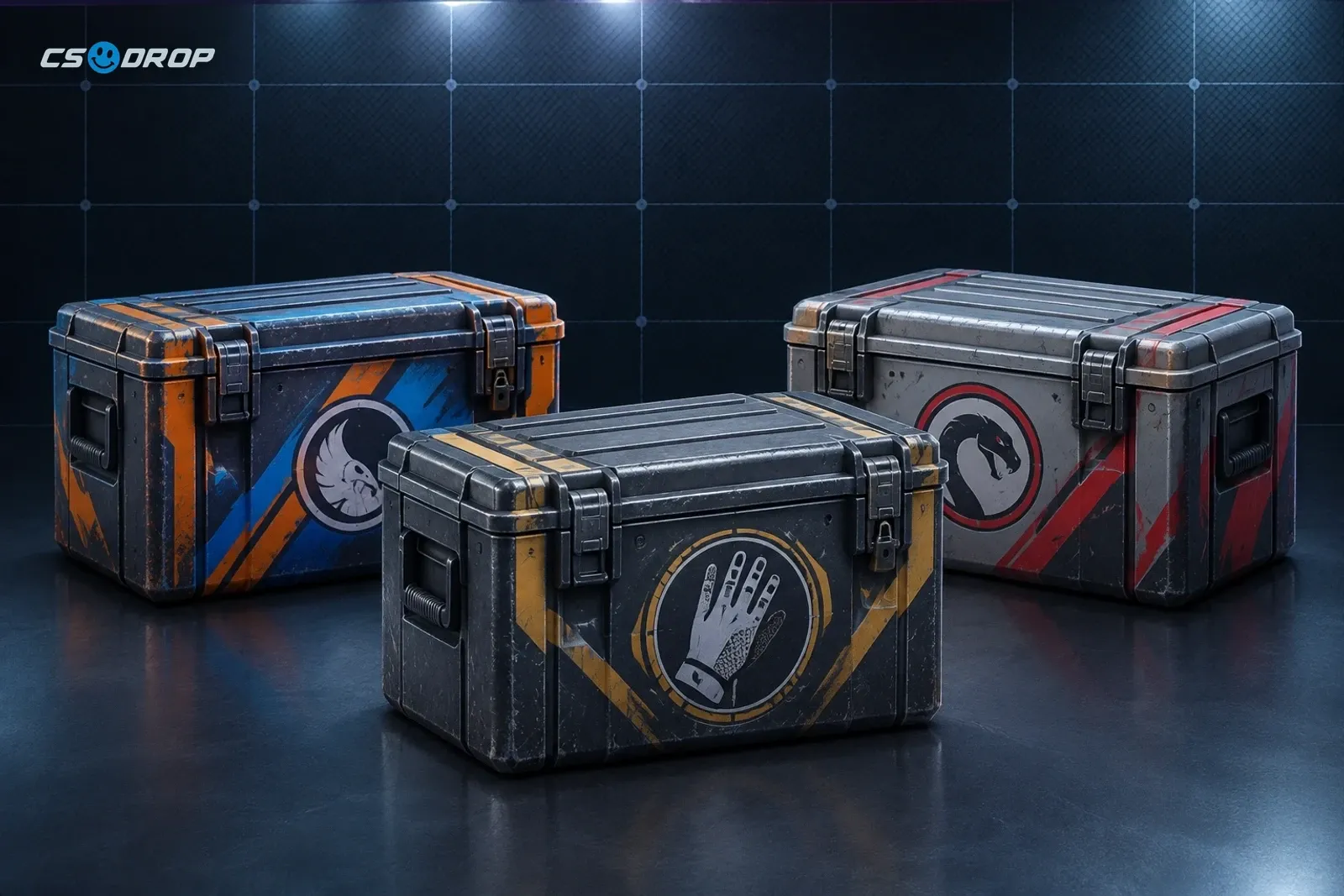 The Glove Case, Clutch Case and Recoil Case, three of the seven CS2 cases that drop gloves, side by side