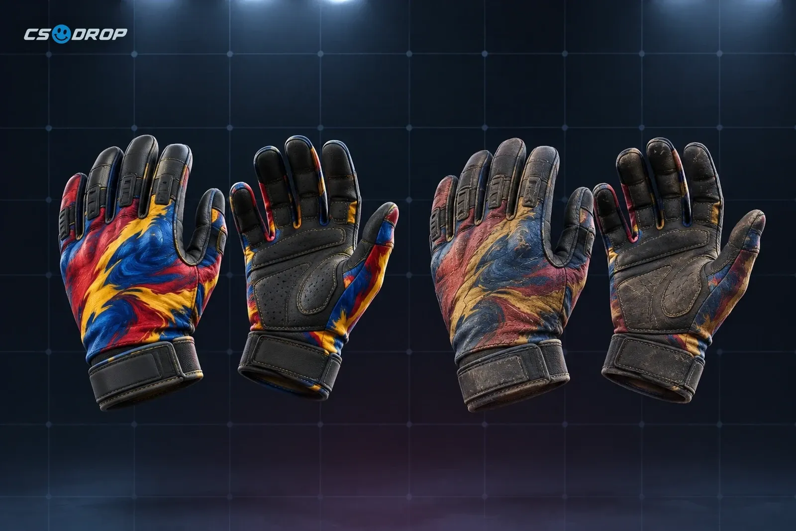Two pairs of Specialist Gloves Marble Fade, one factory-new with vivid colours and one battle-scarred with heavy wear
