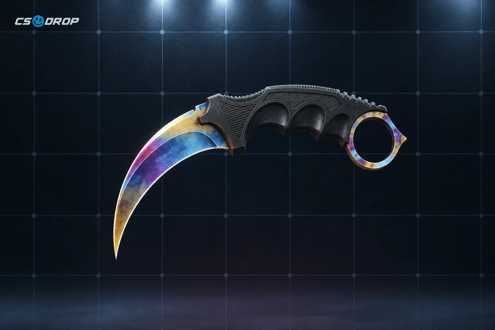 Case Hardened, Karambit | Doppler Sapphire and Karambit | Gamma Doppler Emerald side by side: curved karambits with finger rings and dark textured grips; Case Hardened blue-and-gold mottled, Sapphire solid deep blue, Emerald solid green | Three Karambits from different finish sets: Case Hardened, Doppler Sapphire and Gamma Doppler Emerald