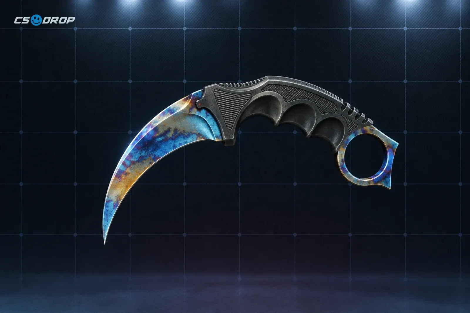 Doppler Ruby, Karambit | Doppler Sapphire and Karambit | Doppler Black Pearl: three curved karambits with finger rings; Ruby solid translucent red, Sapphire solid deep blue, Black Pearl dark purple-and-green swirl; dark textured grips | The three Doppler gem phases: Ruby, Sapphire and Black Pearl Karambits