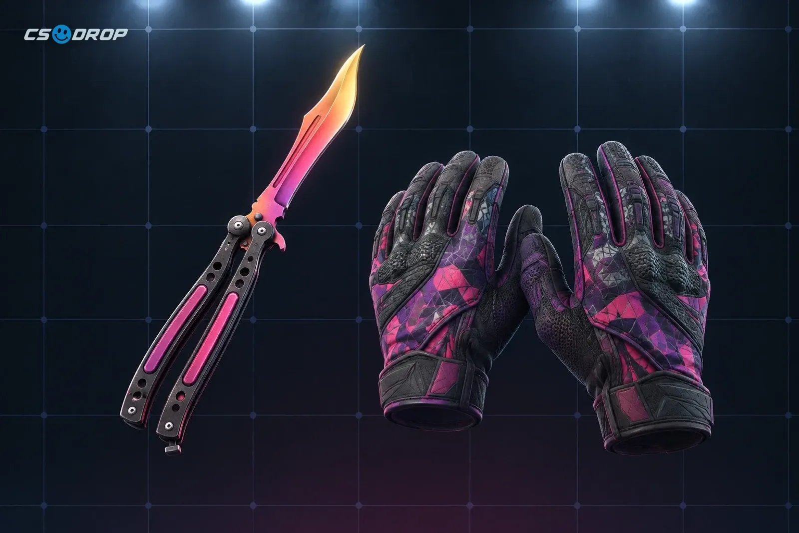 A Fade Butterfly Knife next to a pair of Pandora's Box Sport Gloves, showing the knife and glove gold-slot options.