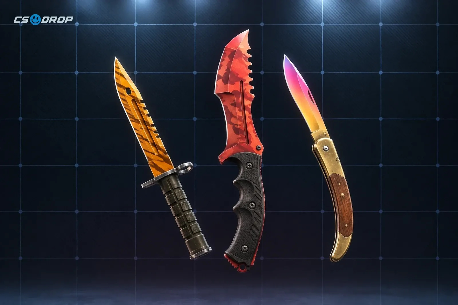 A Tiger Tooth Bayonet, a Slaughter Huntsman Knife and a Fade Navaja shown together as three CS2 knife families.