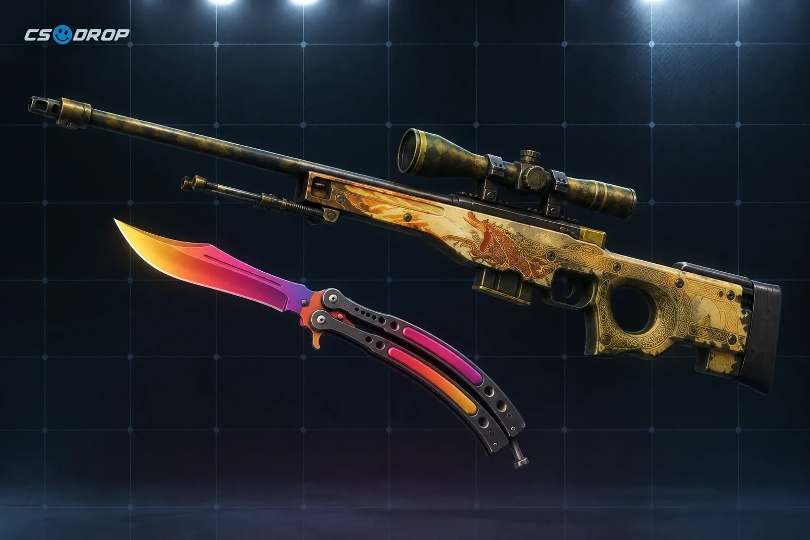 A Fade Butterfly Knife and an AWP Dragon Lore, high-value CS2 skins that scammers target on fake gambling sites.