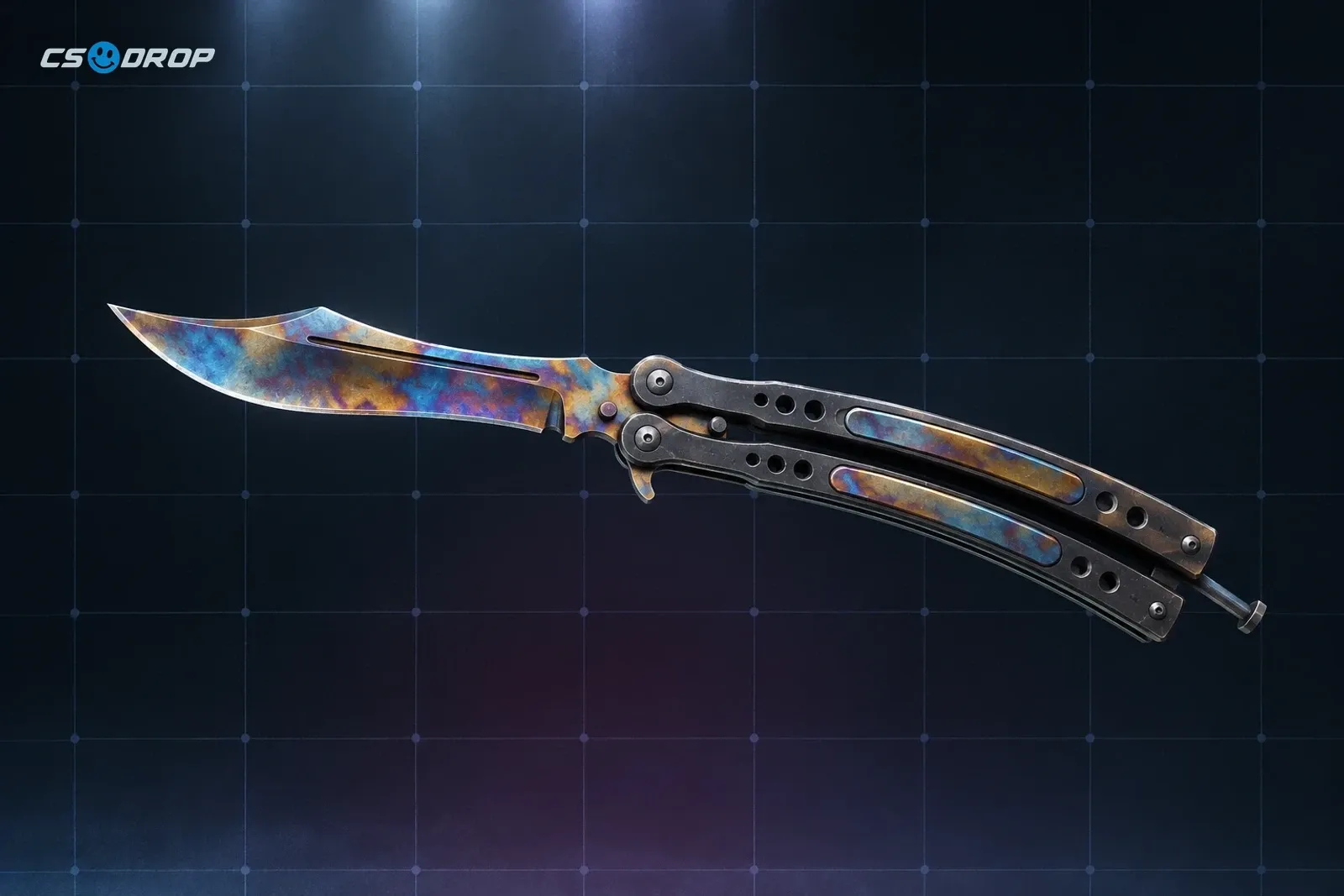 Fade: balisong-style knife, blade fading from orange-gold through magenta to pink, two split handle halves with latch; beside M4A1-S | Cyrex, white and dark grey rifle with red accents, and P90 | Asiimov, white and orange SMG with black panels | Butterfly Knife | Fade next to M4A1-S | Cyrex and P90 | Asiimov, the Covert inputs of Operation Breakout Weapon Case