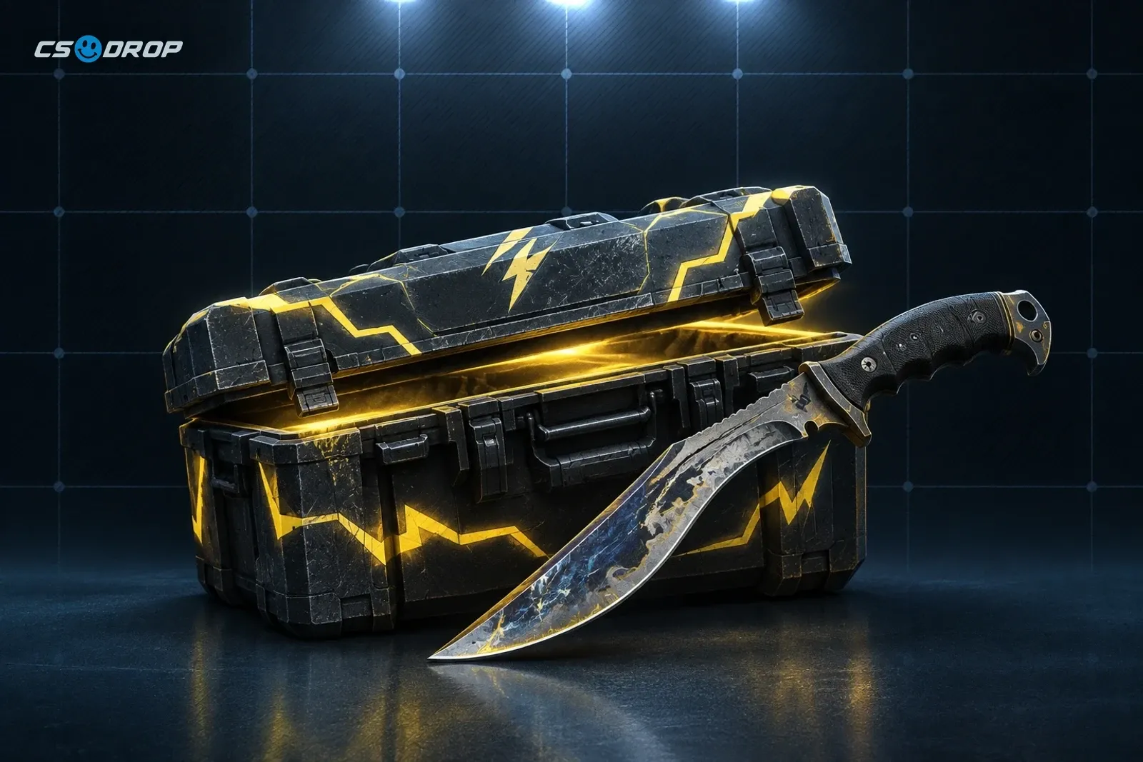 Fade: heavy forward-curved blade fading from yellow-orange through pink to purple, dark handle | Kilowatt Case next to Kukri Knife | Fade, a single-knife pool with cheap and expensive outcomes