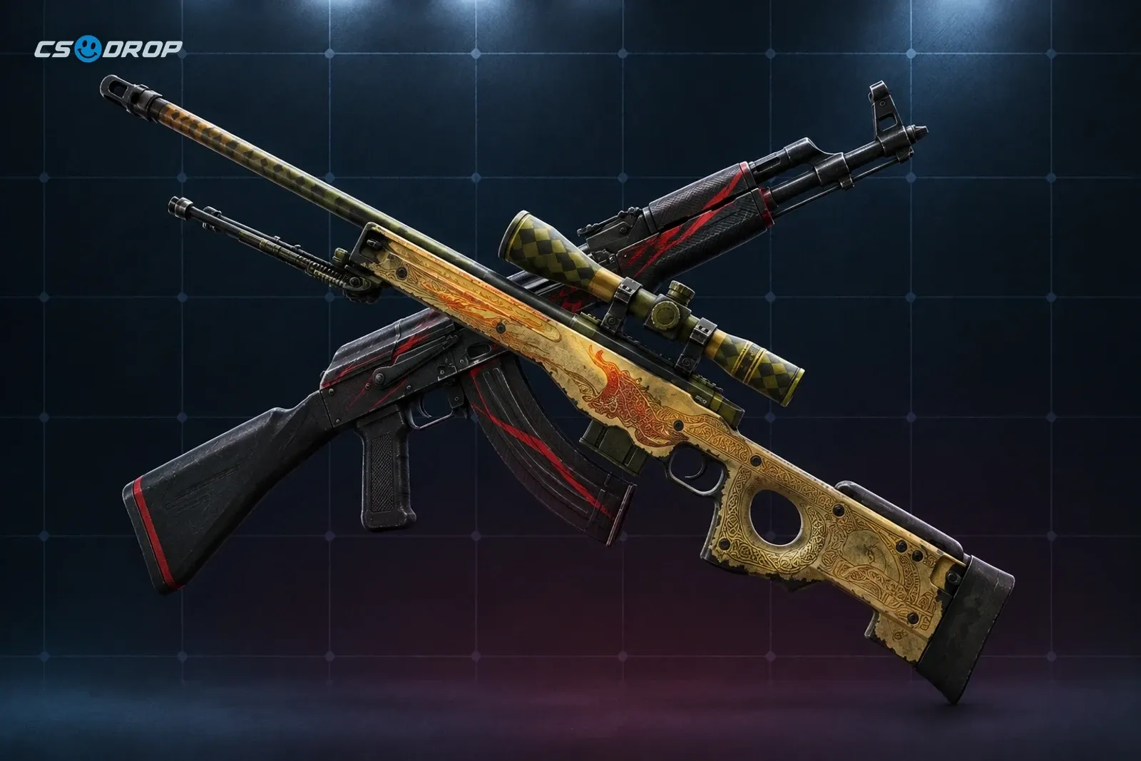 A crossed AWP Dragon Lore and AK-47 Redline, representing the champion's sweep in the Cologne Major Grand Final.
